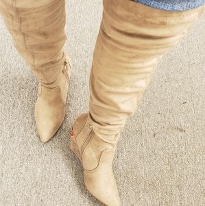 Tan suede thigh high boots